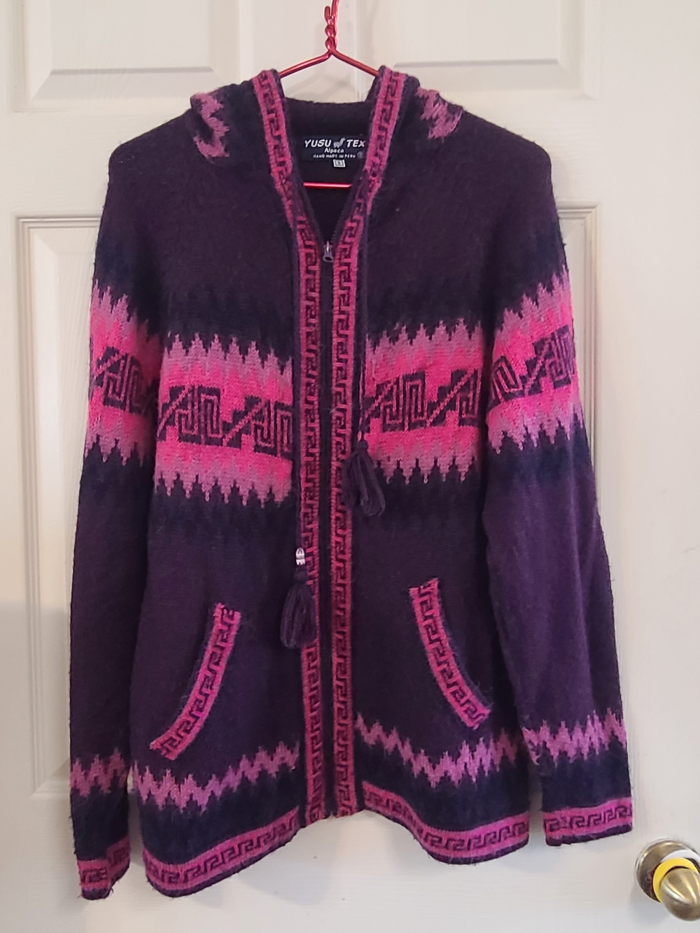 Alpaca Wool Hand Made in Peru Yusu Tex Purple & Pink Hooded Zip Cardigan size S